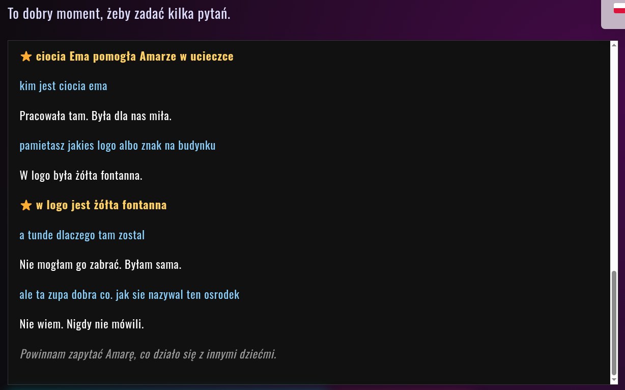 Conversation with Amara showing clues